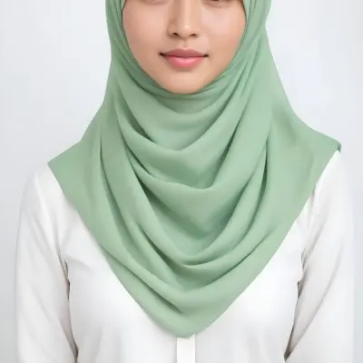 A Young Woman With Light Skin Brown Eyes And Long Dark Hair Wearing A Green Hijab And A White Shirt 12 F491