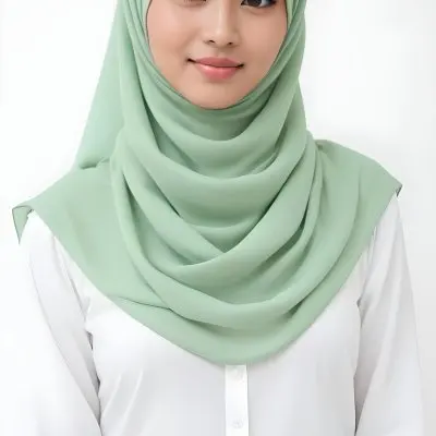 A Young Woman With Light Skin Brown Eyes And Long Dark Hair Wearing A Green Hijab And A White Shirt 14 D68a
