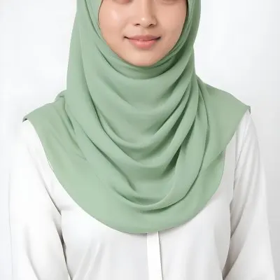 A Young Woman With Light Skin Brown Eyes And Long Dark Hair Wearing A Green Hijab And A White Shirt 8 Be26