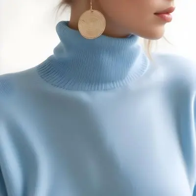 A Young Woman With Long Light Hair Wearing A Light Blue Turtleneck Sweater And Large Round Earrings 1 B6bf