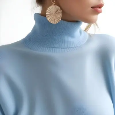 A Young Woman With Long Light Hair Wearing A Light Blue Turtleneck Sweater And Large Round Earrings 11 971c