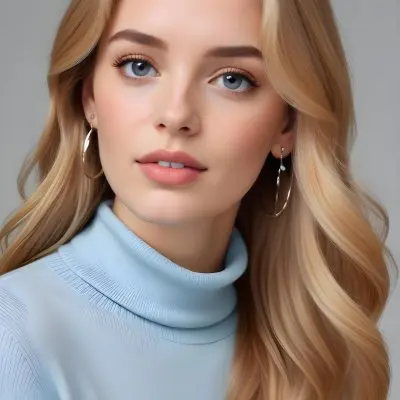 A Young Woman With Long Light Hair Wearing A Light Blue Turtleneck Sweater And Large Round Earrings 4 B068