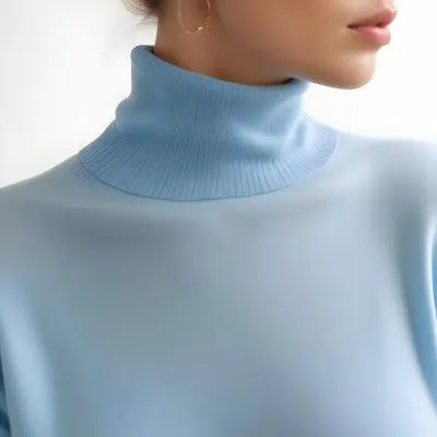 A Young Woman With Long Light Hair Wearing A Light Blue Turtleneck Sweater And Large Round Earrings 6 Df64
