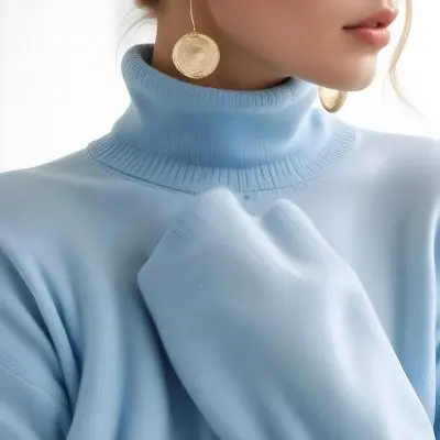 A Young Woman With Long Light Hair Wearing A Light Blue Turtleneck Sweater And Large Round Earrings 8 8d43