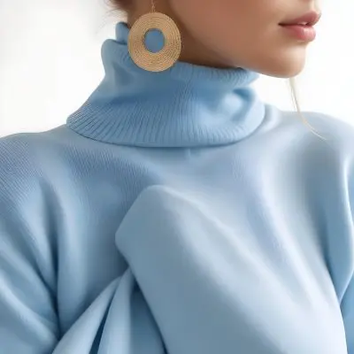 A Young Woman With Long Light Hair Wearing A Light Blue Turtleneck Sweater And Large Round Earrings 9 A4f6