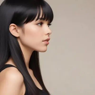 A Young Woman With Long Straight Black Hair And Bangs Showcasing A Side Profile She Has A Light Skin Tone And Is Wearing A Black Sleeveless Top The Background Is A Neutral Color Enhancing Her Features And Hair Movem 14 9edb