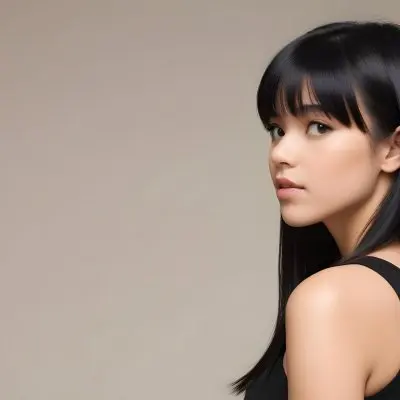 A Young Woman With Long Straight Black Hair And Bangs Showcasing A Side Profile She Has A Light Skin Tone And Is Wearing A Black Sleeveless Top The Background Is A Neutral Color Enhancing Her Features And Hair Movem 6 Cd7b