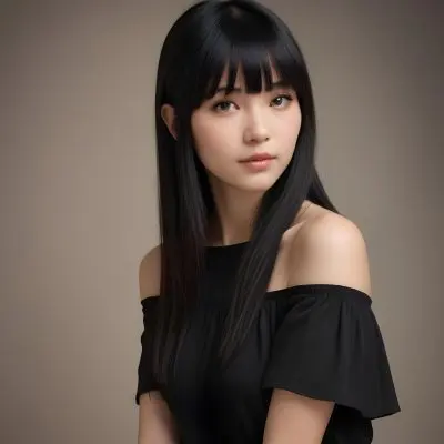 A Young Woman With Long Straight Black Hair And Blunt Bangs She Has A Fair Skin Tone And Is Wearing An Off Shoulder Black Top The Background Is Softly Textured And Neutral In Color 1 5adc