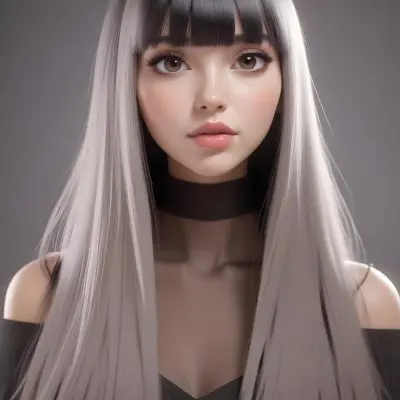 A Young Woman With Long Straight Black Hair And Blunt Bangs She Has A Fair Skin Tone And Is Wearing An Off Shoulder Black Top The Background Is Softly Textured And Neutral In Color 25 4606