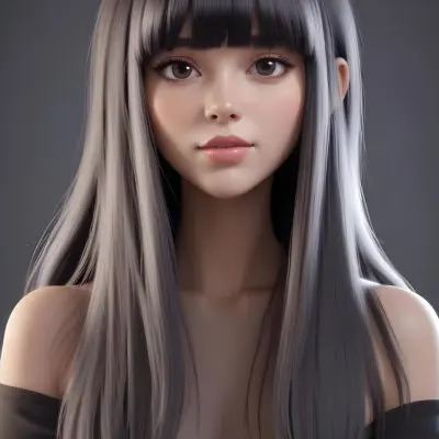 A Young Woman With Long Straight Black Hair And Blunt Bangs She Has A Fair Skin Tone And Is Wearing An Off Shoulder Black Top The Background Is Softly Textured And Neutral In Color 33 Bd33