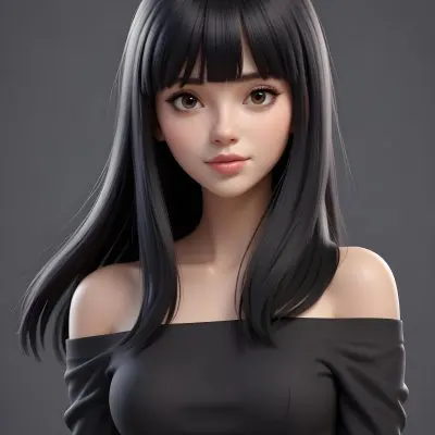 A Young Woman With Long Straight Black Hair And Blunt Bangs She Has A Fair Skin Tone And Is Wearing An Off Shoulder Black Top The Background Is Softly Textured And Neutral In Color 36 Ff3e