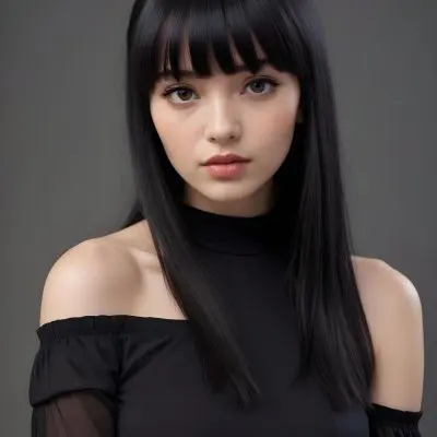 A Young Woman With Long Straight Black Hair And Blunt Bangs She Has A Fair Skin Tone And Is Wearing An Off Shoulder Black Top The Background Is Softly Textured And Neutral In Color 66 44b8