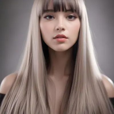 A Young Woman With Long Straight Black Hair And Blunt Bangs She Has A Fair Skin Tone And Is Wearing An Off Shoulder Black Top The Background Is Softly Textured And Neutral In Color 76 64e5