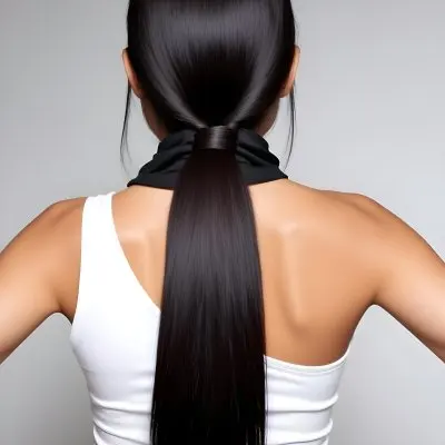 A Young Woman With Long Straight Black Hair Tied In A Sleek Ponytail Wearing A White Tank Top 9 B0b1