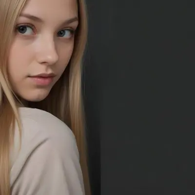 A Young Woman With Long Straight Blonde Hair Partially Obscured By Her Hair She Has Light Skin And Is Looking Towards The Camera The Background Is A Solid Dark Color 66 72e5