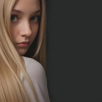 A Young Woman With Long Straight Blonde Hair Partially Obscured By Her Hair She Has Light Skin And Is Looking Towards The Camera The Background Is A Solid Dark Color 68 95b5