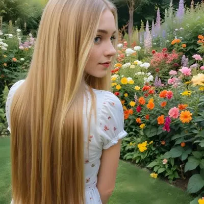 A Young Woman With Long Straight Blonde Hair Standing In A Garden Surrounded By Colorful Flowers During Daytime 12 63aa