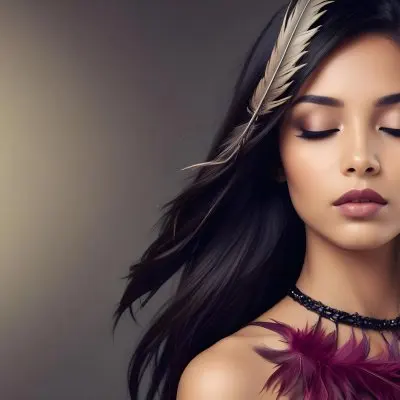 A Young Woman With Long Straight Dark Brown Hair And Dark Skin Wearing A Subtle Makeup Look With Highlighted Eyes And Dark Lipstick She Has A Decorative Feather Accessory On Her Shoulder And Her Eyes Are Closed Conv 31 Ee10