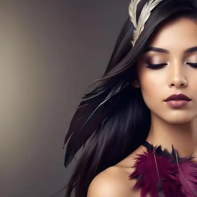A Young Woman With Long Straight Dark Brown Hair And Dark Skin Wearing A Subtle Makeup Look With Highlighted Eyes And Dark Lipstick She Has A Decorative Feather Accessory On Her Shoulder And Her Eyes Are Closed Conv 48 Ed77