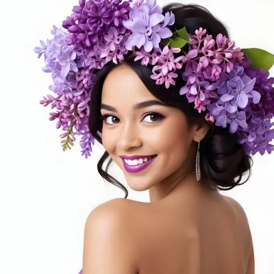 A Young Woman With Medium Skin Tone And Dark Hair Adorned With A Large Vibrant Purple Floral Headdress Made Of Lilacs She Has A Bright Smile And Is Wearing Bold Purple Lipstick The Background Is Plain White Empha 15 0654