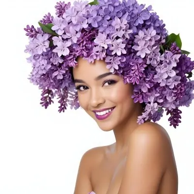 A Young Woman With Medium Skin Tone And Dark Hair Adorned With A Large Vibrant Purple Floral Headdress Made Of Lilacs She Has A Bright Smile And Is Wearing Bold Purple Lipstick The Background Is Plain White Empha 19 5e33