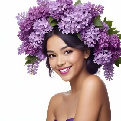 A Young Woman With Medium Skin Tone And Dark Hair Adorned With A Large Vibrant Purple Floral Headdress Made Of Lilacs She Has A Bright Smile And Is Wearing Bold Purple Lipstick The Background Is Plain White Empha 23 De9a