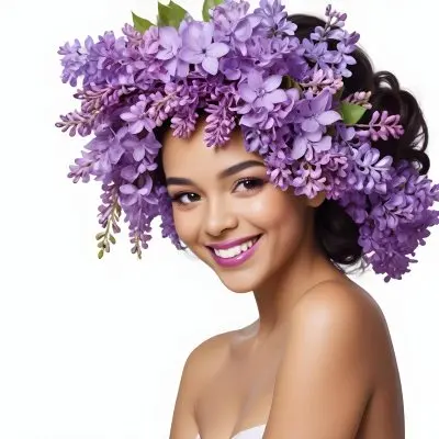 A Young Woman With Medium Skin Tone And Dark Hair Adorned With A Large Vibrant Purple Floral Headdress Made Of Lilacs She Has A Bright Smile And Is Wearing Bold Purple Lipstick The Background Is Plain White Empha 24 D5d1