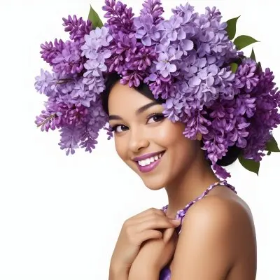 A Young Woman With Medium Skin Tone And Dark Hair Adorned With A Large Vibrant Purple Floral Headdress Made Of Lilacs She Has A Bright Smile And Is Wearing Bold Purple Lipstick The Background Is Plain White Empha 26 067f
