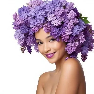A Young Woman With Medium Skin Tone And Dark Hair Adorned With A Large Vibrant Purple Floral Headdress Made Of Lilacs She Has A Bright Smile And Is Wearing Bold Purple Lipstick The Background Is Plain White Empha 27 744d