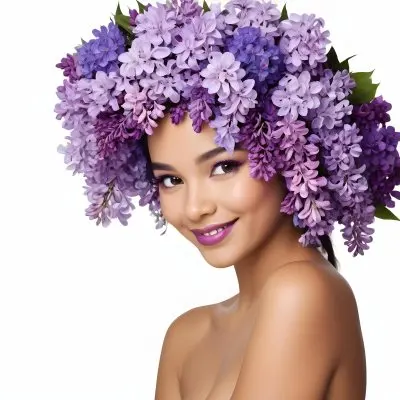 A Young Woman With Medium Skin Tone And Dark Hair Adorned With A Large Vibrant Purple Floral Headdress Made Of Lilacs She Has A Bright Smile And Is Wearing Bold Purple Lipstick The Background Is Plain White Empha 28 661c