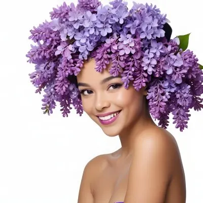 A Young Woman With Medium Skin Tone And Dark Hair Adorned With A Large Vibrant Purple Floral Headdress Made Of Lilacs She Has A Bright Smile And Is Wearing Bold Purple Lipstick The Background Is Plain White Empha 30 0f8a