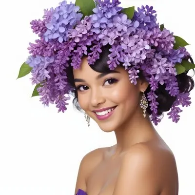 A Young Woman With Medium Skin Tone And Dark Hair Adorned With A Large Vibrant Purple Floral Headdress Made Of Lilacs She Has A Bright Smile And Is Wearing Bold Purple Lipstick The Background Is Plain White Empha 31 B98d