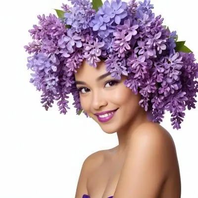 A Young Woman With Medium Skin Tone And Dark Hair Adorned With A Large Vibrant Purple Floral Headdress Made Of Lilacs She Has A Bright Smile And Is Wearing Bold Purple Lipstick The Background Is Plain White Empha 32 6afe