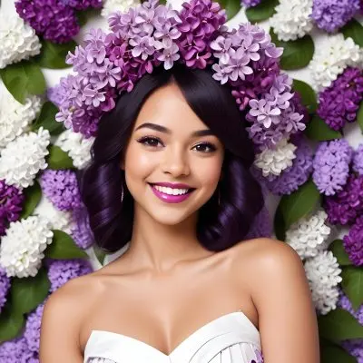 A Young Woman With Medium Skin Tone And Dark Hair Adorned With A Large Vibrant Purple Floral Headdress Made Of Lilacs She Has A Bright Smile And Is Wearing Bold Purple Lipstick The Background Is Plain White Empha 4 Dc1a