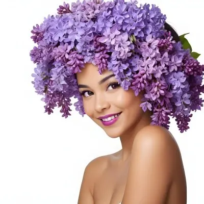 A Young Woman With Medium Skin Tone And Dark Hair Adorned With A Large Vibrant Purple Floral Headdress Made Of Lilacs She Has A Bright Smile And Is Wearing Bold Purple Lipstick The Background Is Plain White Empha 5 F181