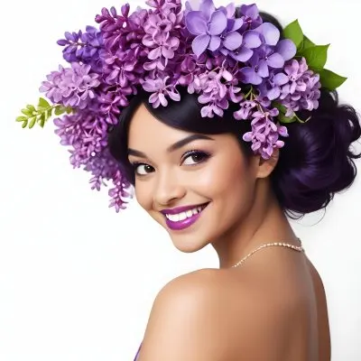 A Young Woman With Medium Skin Tone And Dark Hair Adorned With A Large Vibrant Purple Floral Headdress Made Of Lilacs She Has A Bright Smile And Is Wearing Bold Purple Lipstick The Background Is Plain White Empha 6 Abbe