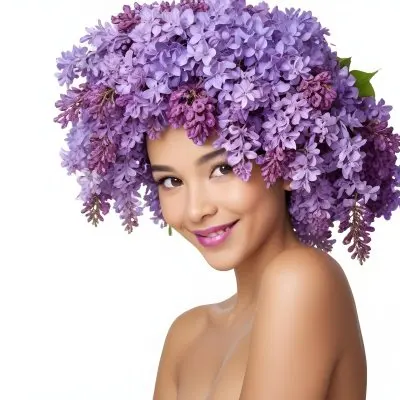 A Young Woman With Medium Skin Tone And Dark Hair Adorned With A Large Vibrant Purple Floral Headdress Made Of Lilacs She Has A Bright Smile And Is Wearing Bold Purple Lipstick The Background Is Plain White Empha 7 7bd5