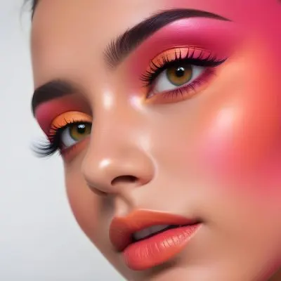 A Young Woman With Olive Skin Dark Eyebrows And Long Eyelashes Wearing Vibrant Pink And Orange Eye Makeup 3 59de