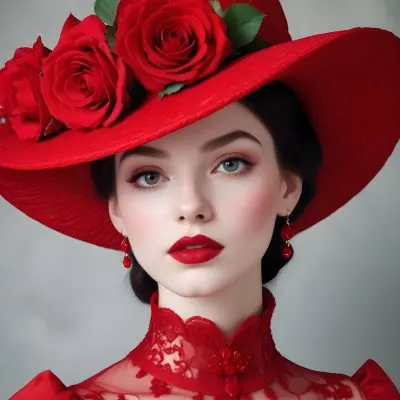 A Young Woman With Pale Skin Dark Hair And Bright Red Lips Wearing A Large Ornate Red Hat Decorated With Roses 16 34a9