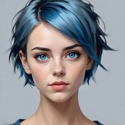 Adorable Cartoon Style A Caucasian Woman 21 Years Old With Blue Eyes And Blue Short Hair In A Grey Background 3d Render Cartoon 20 6706