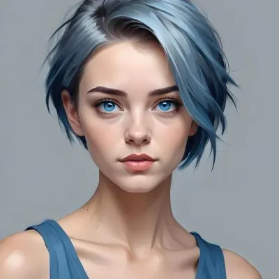 Adorable Cartoon Style A Caucasian Woman 21 Years Old With Blue Eyes And Blue Short Hair In A Grey Background 3d Render Cartoon 35 Fa19