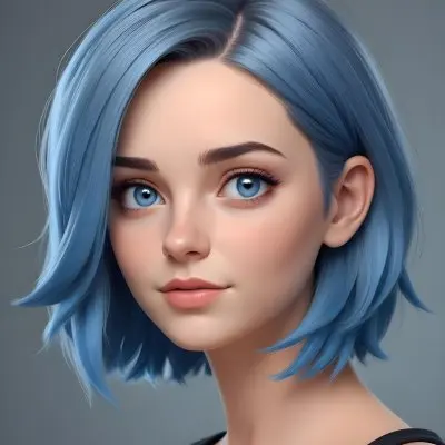 Adorable Cartoon Style A Caucasian Woman 21 Years Old With Blue Eyes And Blue Short Hair In A Grey Background 3d Render Cartoon 41 43a4