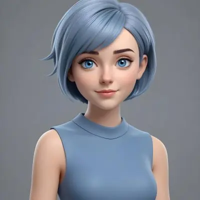 Adorable Cartoon Style A Caucasian Woman 21 Years Old With Blue Eyes And Blue Short Hair In A Grey Background 3d Render Cartoon 54 614b