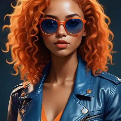 Adorable Cartoon Style A Caucasian Woman 23 Years Old With Dark Skin Orange Curly Hair Wearing Orange Sunglasses And A Blue Leather Jacket In A Dark Background 3d Render Cartoon 14 447f