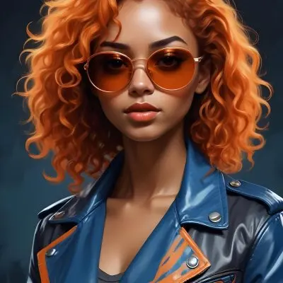 Adorable Cartoon Style A Caucasian Woman 23 Years Old With Dark Skin Orange Curly Hair Wearing Orange Sunglasses And A Blue Leather Jacket In A Dark Background 3d Render Cartoon 18 4837