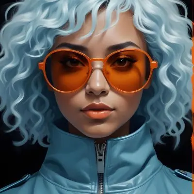 Adorable Cartoon Style A Caucasian Woman 23 Years Old With Dark Skin Orange Curly Hair Wearing Orange Sunglasses And A Blue Leather Jacket In A Dark Background 3d Render Cartoon 20 16ee