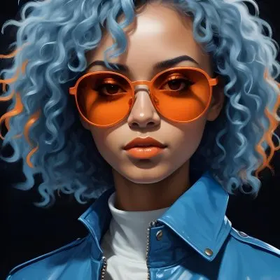 Adorable Cartoon Style A Caucasian Woman 23 Years Old With Dark Skin Orange Curly Hair Wearing Orange Sunglasses And A Blue Leather Jacket In A Dark Background 3d Render Cartoon 22 F62a