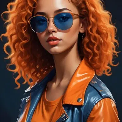 Adorable Cartoon Style A Caucasian Woman 23 Years Old With Dark Skin Orange Curly Hair Wearing Orange Sunglasses And A Blue Leather Jacket In A Dark Background 3d Render Cartoon 24 4643