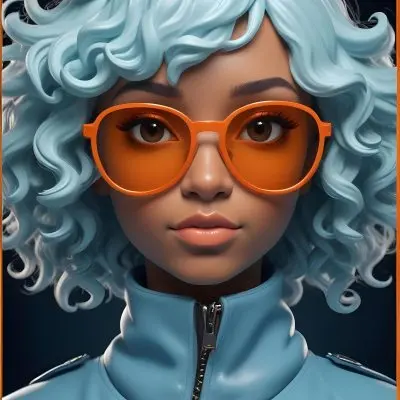 Adorable Cartoon Style A Caucasian Woman 23 Years Old With Dark Skin Orange Curly Hair Wearing Orange Sunglasses And A Blue Leather Jacket In A Dark Background 3d Render Cartoon 27 123b