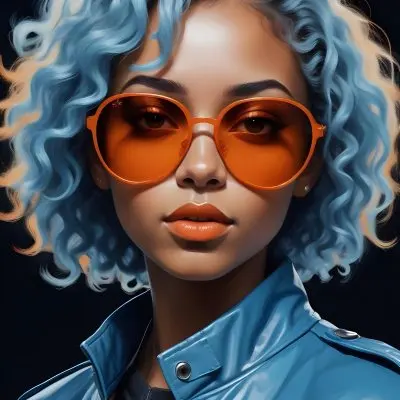 Adorable Cartoon Style A Caucasian Woman 23 Years Old With Dark Skin Orange Curly Hair Wearing Orange Sunglasses And A Blue Leather Jacket In A Dark Background 3d Render Cartoon 42 E186